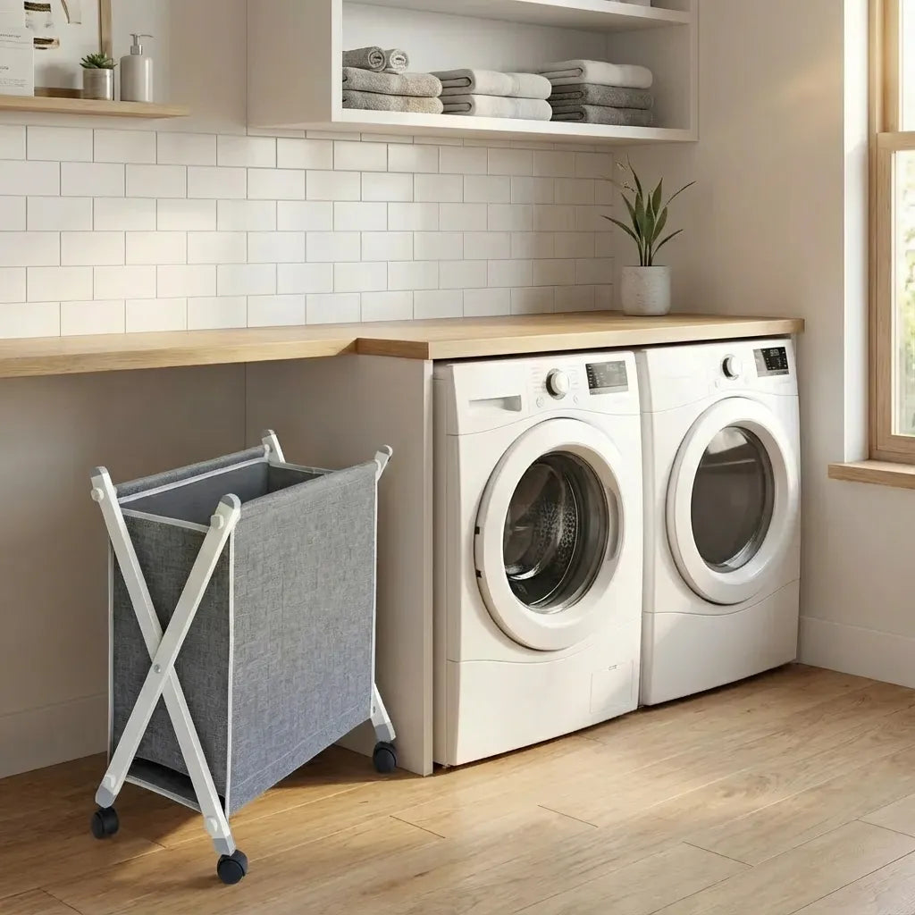 Cesta de ropa sucia plegable con ruedas y estructura en X blanca. Canasta de lavandería móvil de tela gris resistente