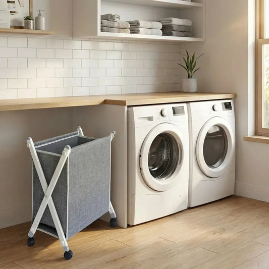 Cesta de ropa sucia plegable con ruedas y estructura en X blanca. Canasta de lavandería móvil de tela gris resistente