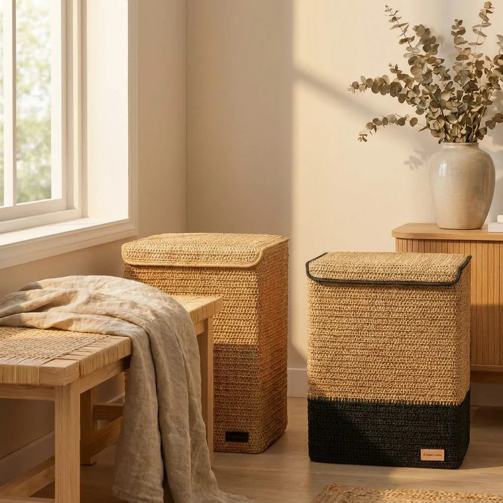 Cesta de Lavandería Tejida Minimalista con Tapa