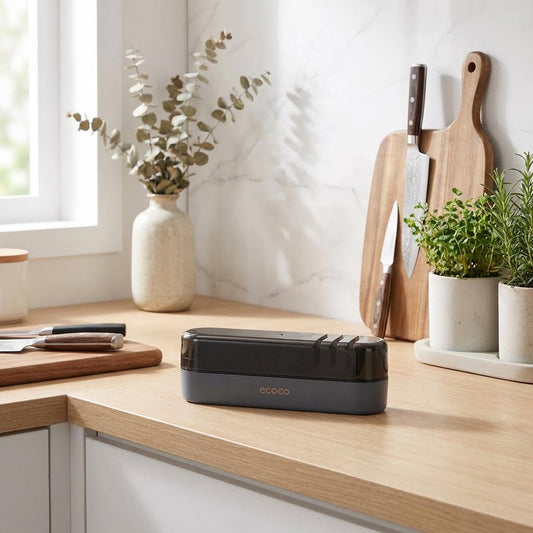 Afilador de cuchillos y tijeras manual con mango ergonómico. Herramienta de 3 etapas con base antideslizante para cocina.