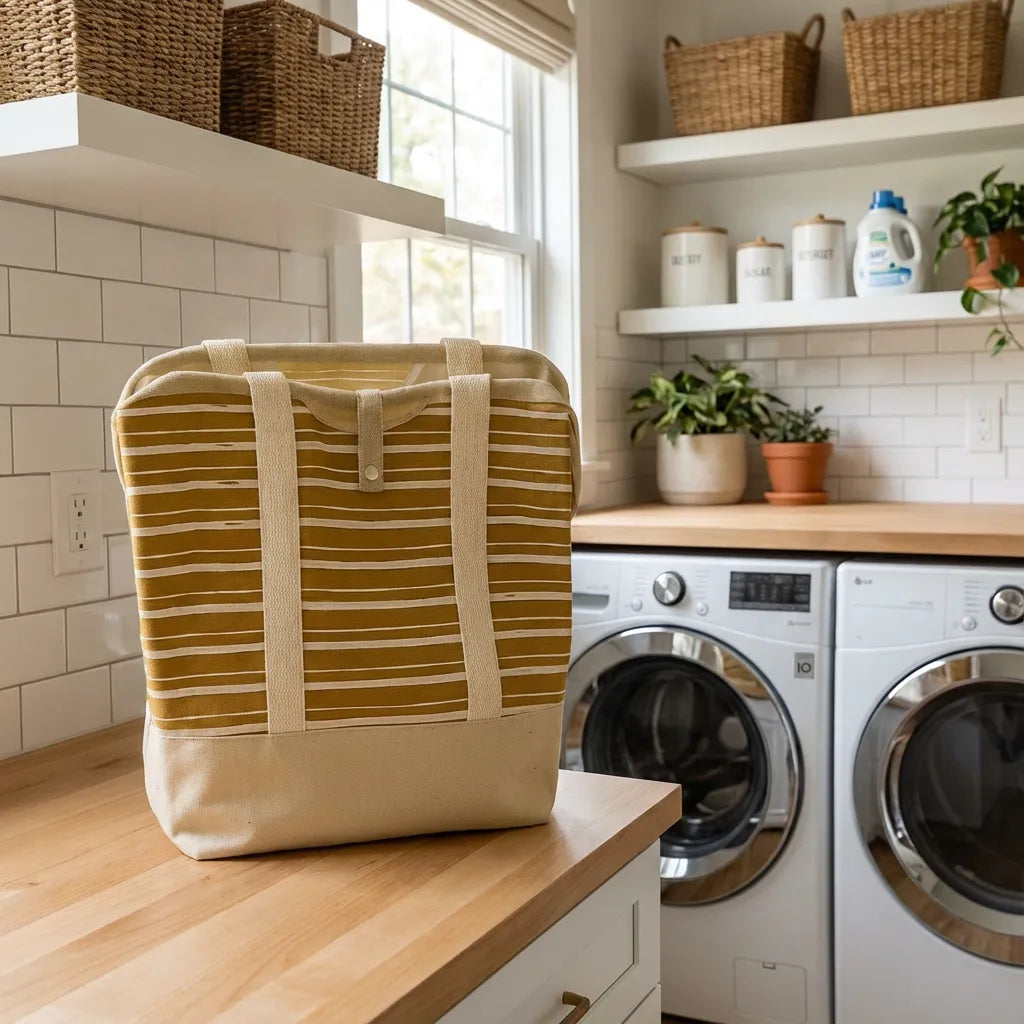 Bolsa de lavandería tipo tote de lona a rayas mostaza. Cesto de ropa portátil con asas largas resistentes