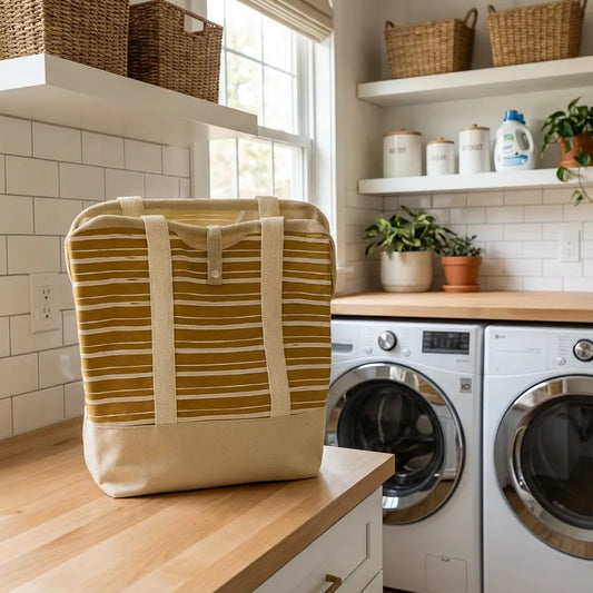 Bolsa de lavandería tipo tote de lona a rayas mostaza. Cesto de ropa portátil con asas largas resistentes