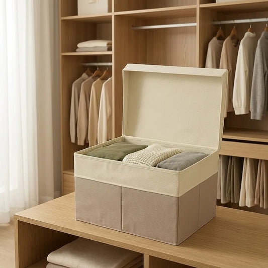 Caja organizadora de tela beige con tapa abatible. Contenedor de almacenamiento textil para guardar ropa en el armario