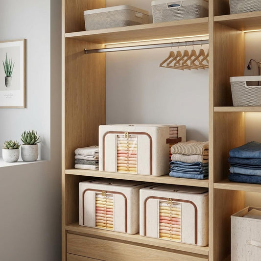 Cajas organizadoras de ropa plegables y robustas. Contenedores apilables de tela reforzada para armario, cajones y estantes.
