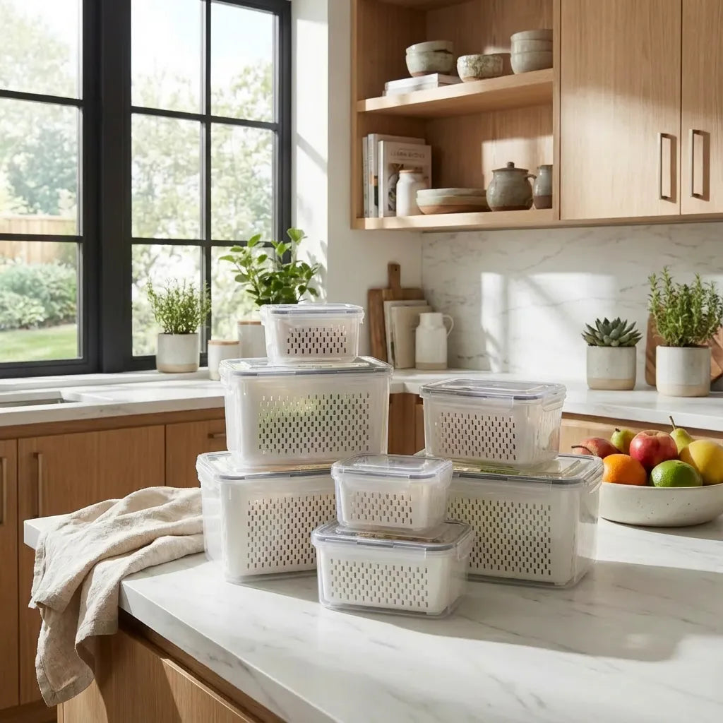 Set de recipientes portátiles con cesta escurridora. Organizadores apilables para llevar frutas y snacks frescos