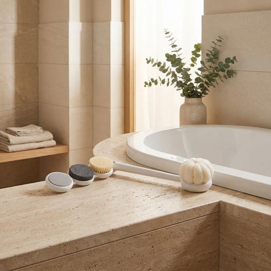 Set de 4 cepillos de ducha con mango largo desmontable. Kit de limpieza corporal con cabezales intercambiables para exfoliación y masaje.