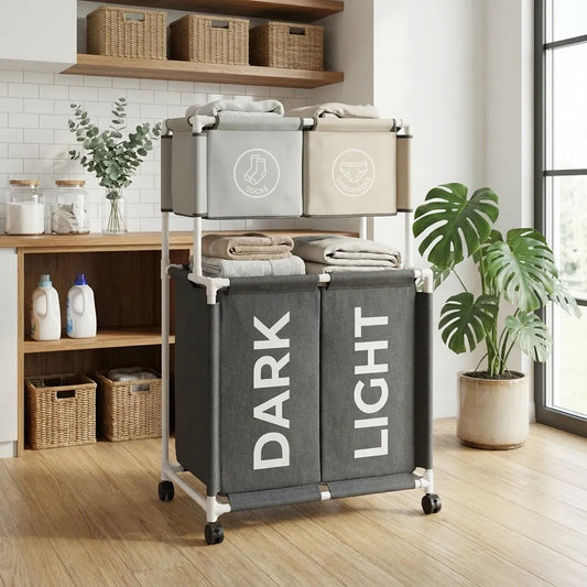 Clasificador de ropa sucia con ruedas y 4 compartimentos. Carrito de lavandería con bolsas para separar ropa oscura, clara y ropa interior