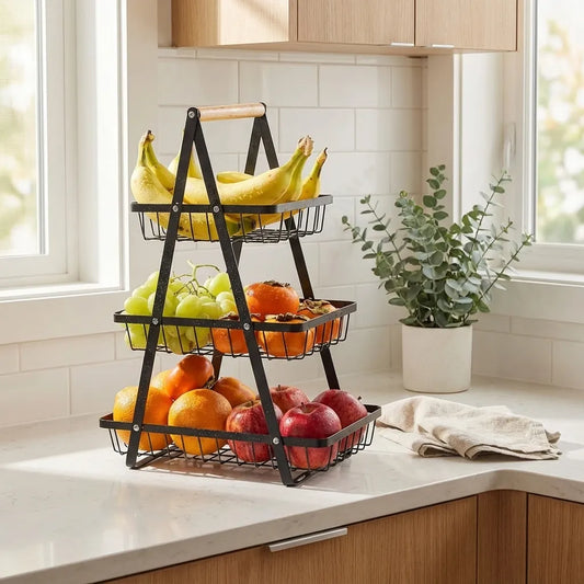 Frutero de 3 niveles de metal negro con asa de madera. Organizador vertical para clasificar frutas y verduras en la encimera
