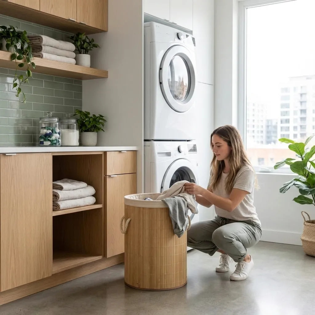 Cesta de Lavanderia con Tapa de Bambú