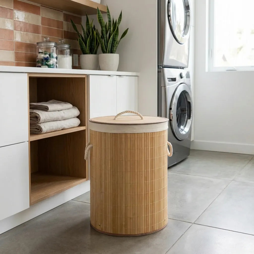 Cesto de ropa sucia de bambú con tapa y asas de cuerda. Canasta de lavandería redonda de madera natural
