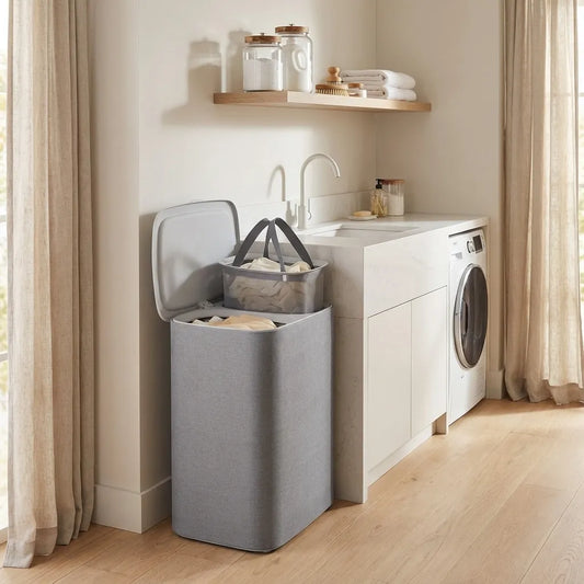 Cesta de ropa sucia doble 90L gris con tapa y bolsas de malla extraíbles para clasificar lavandería