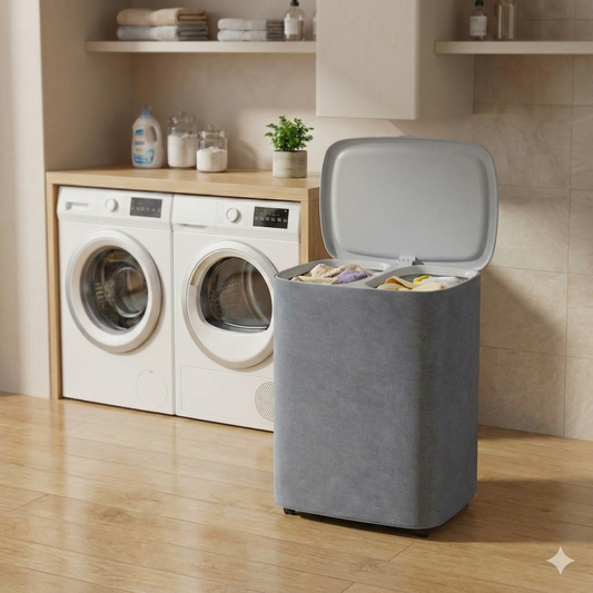 Cesto de ropa sucia doble con tapa y ruedas. Organizador de lavandería móvil gris con dos compartimentos