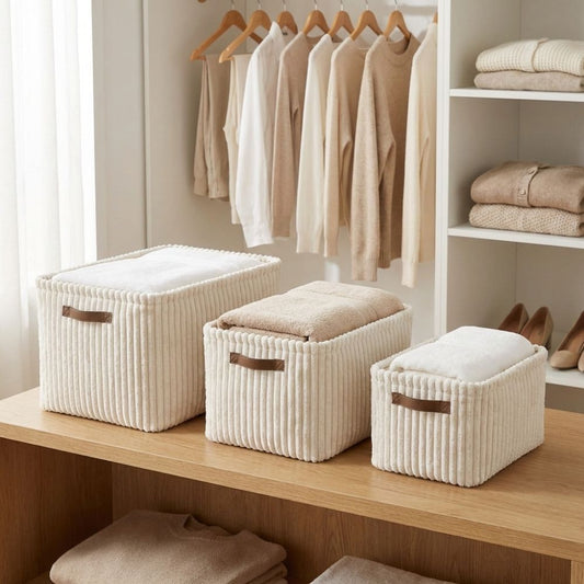 Set de 3 cestas de almacenamiento de tela blanca con textura de pana. Organizadores de estantes rectangulares con asas de cuero marrón.