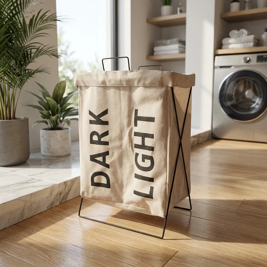 Cesta de ropa sucia plegable con divisiones Dark y Light. Organizador de lavandería beige para separar colores