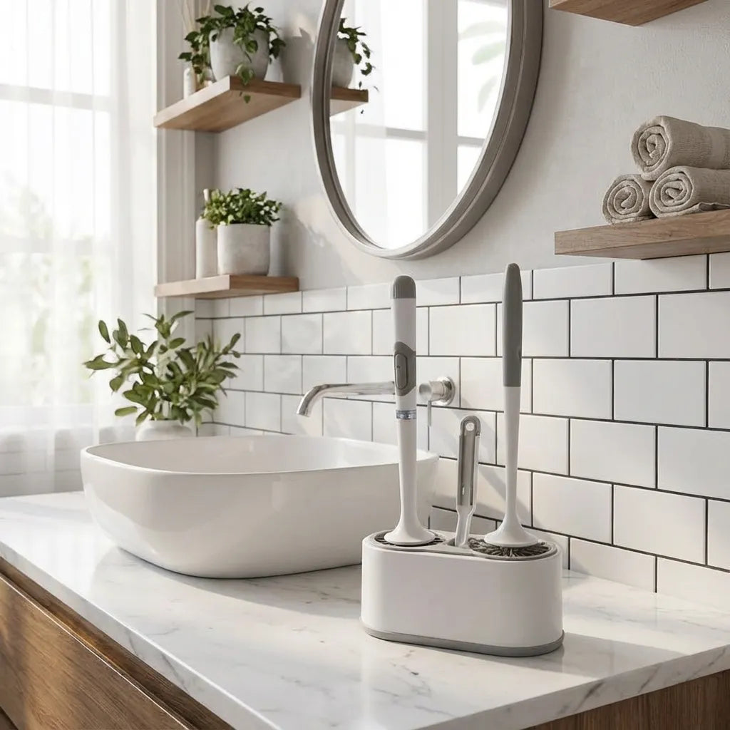 Set de 3 escobillas de baño de silicona con base blanca. Kit de limpieza de inodoro moderno y compacto