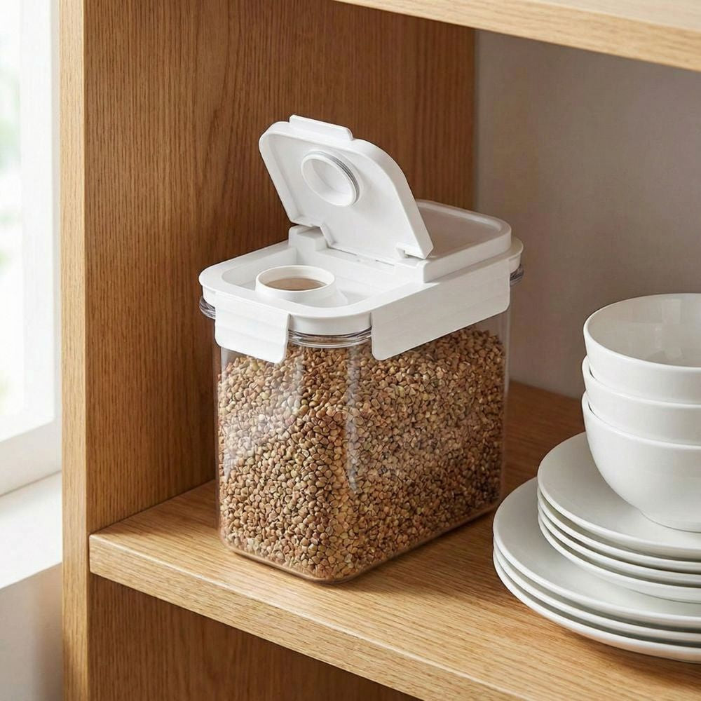 Contenedor hermético con válvula de vacío y tapa blanca. Recipiente organizador de alimentos secos transparente para despensa