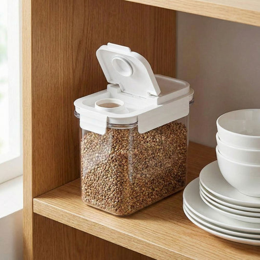 Contenedor hermético con válvula de vacío y tapa blanca. Recipiente organizador de alimentos secos transparente para despensa