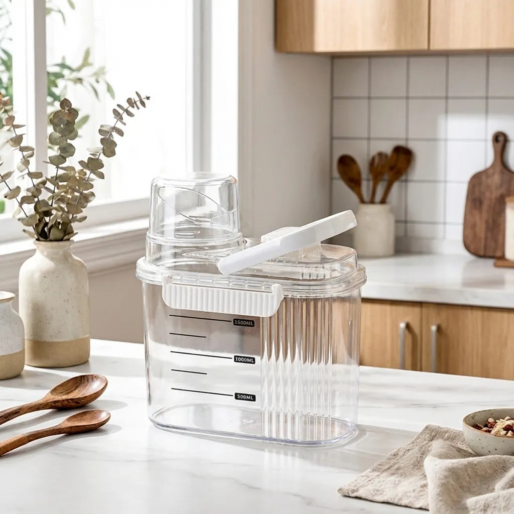 Contenedor hermético para cereales con boquilla dispensadora. Recipiente transparente con escala de medición para servir fácilmente