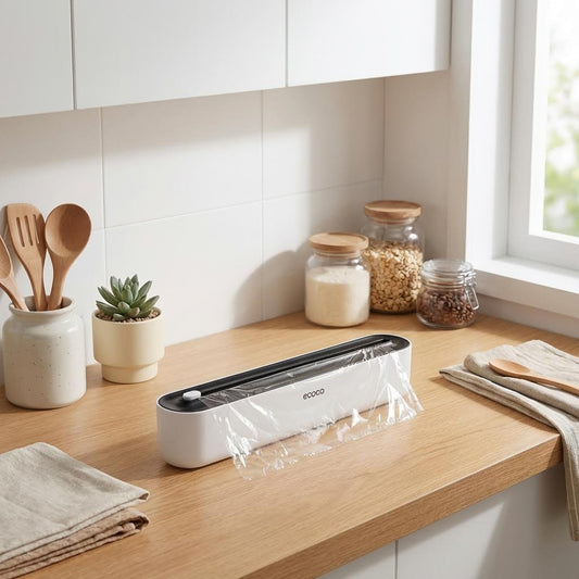 Dispensador de papel film y aluminio con cortador deslizante. Organizador de cocina adhesivo para rollos de cocina.
