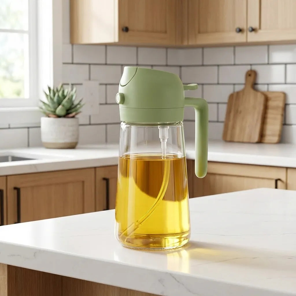 Dispensador de aceite en spray de plastico con tapa verde. Pulverizador para dosificar aceite en cocina moderna