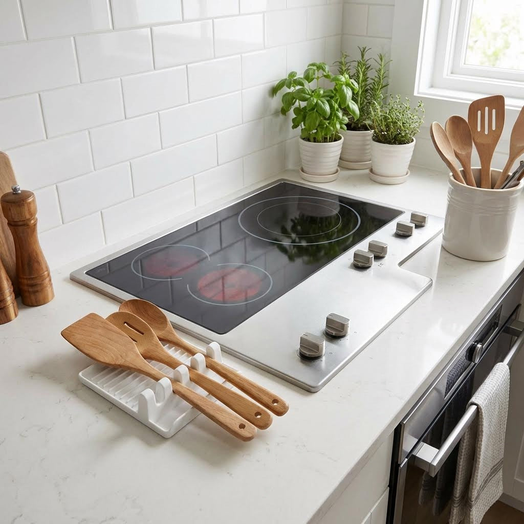 Reposa cucharas de cocina con 4 ranuras y base antigoteo. Soporte escurridor para utensilios de silicona resistente al calor