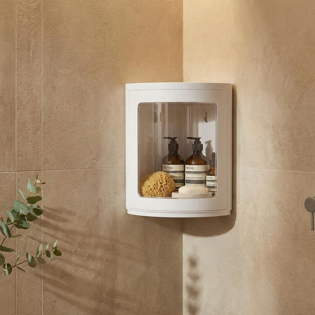 Estante esquinero giratorio de 360° para baño y cocina. Organizador de esquina transparente con apertura de 90 grados sin taladros