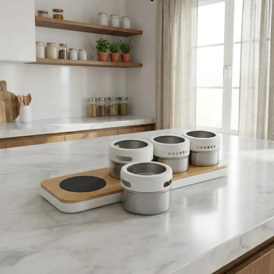 Estante magnético para especias con 4 tarros de acero y base de madera en cocina moderna