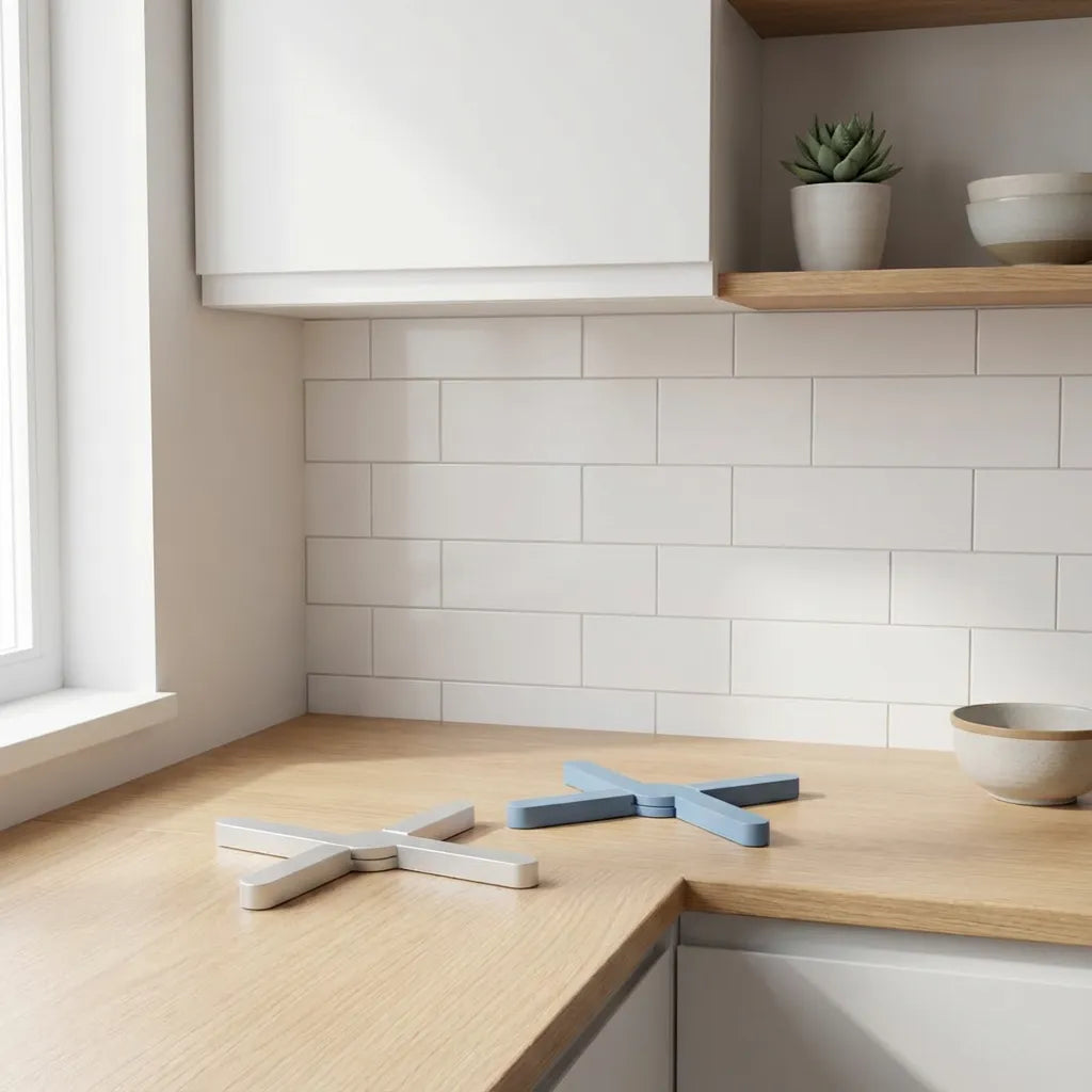 Juego de 2 salvamanteles plegables en cruz azul y blanco sobre mesón de madera para proteger del calor