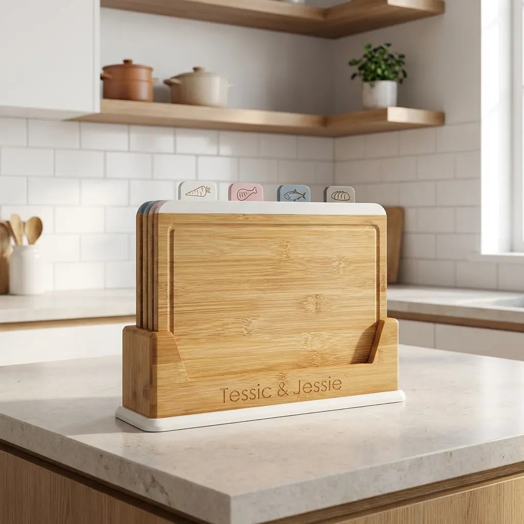 Juego de 4 tablas de cortar de bambú con soporte y pestañas de colores para clasificar carne, pescado y pan