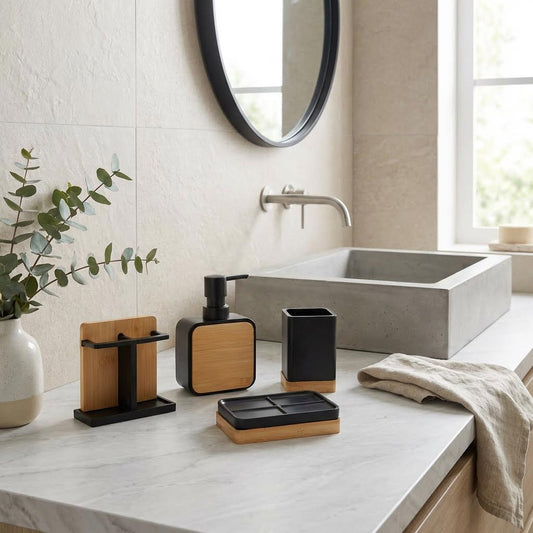 Set de accesorios de baño de resina con base de madera. Kit de dispensador, vaso y jabonera de diseño minimalista