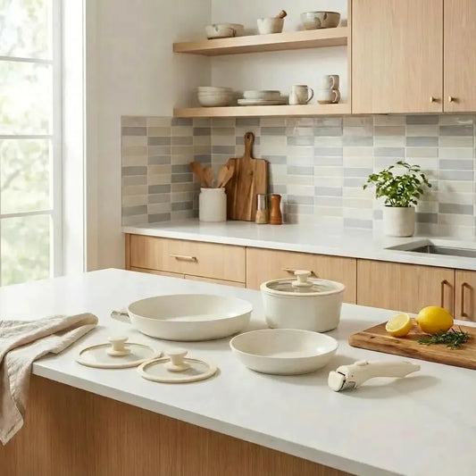 Juego de sartenes de cerámica blanca con mango desmontable. Batería de cocina apilable con tapas de vidrio para ahorrar espacio