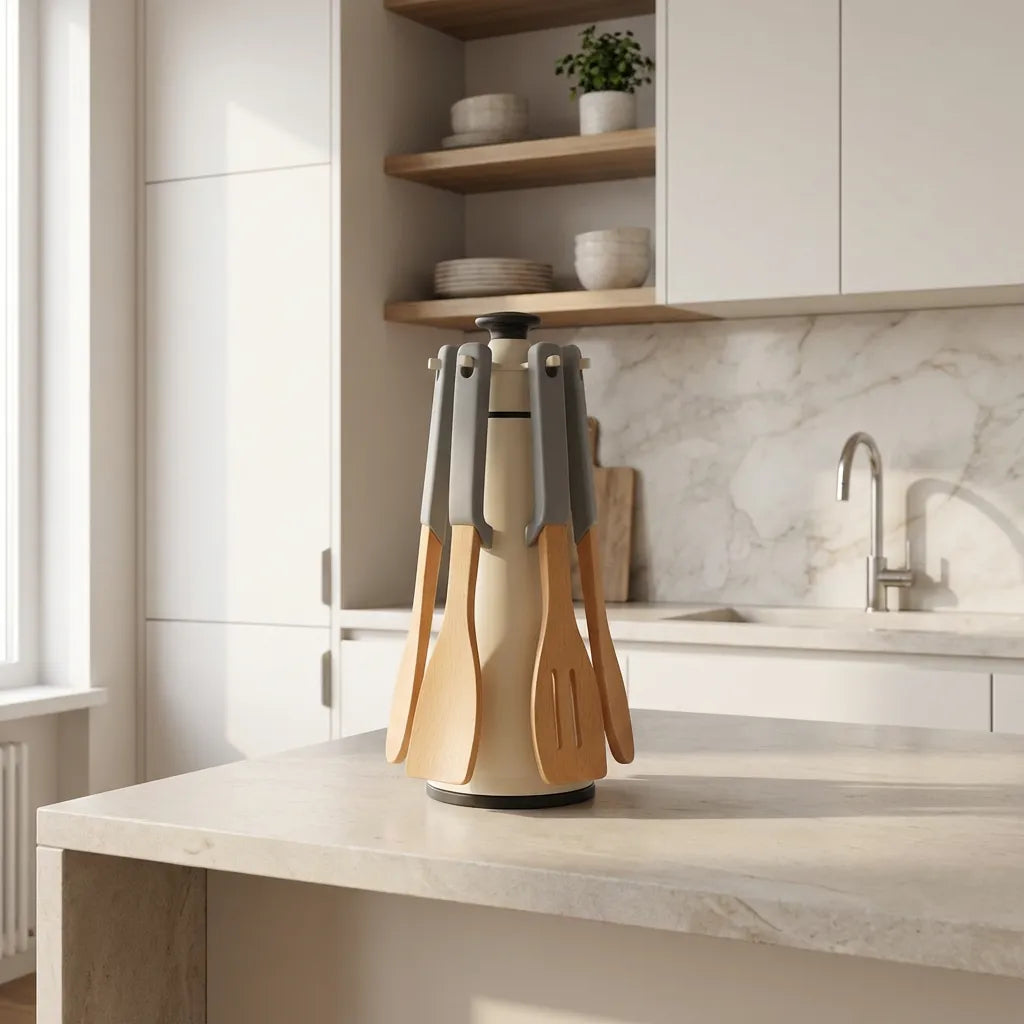 Juego de utensilios de madera con mango gris y soporte giratorio. Set de cucharas resistentes al calor que no rayan las ollas