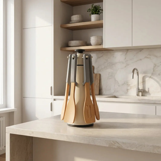 Juego de utensilios de madera con mango gris y soporte giratorio. Set de cucharas resistentes al calor que no rayan las ollas