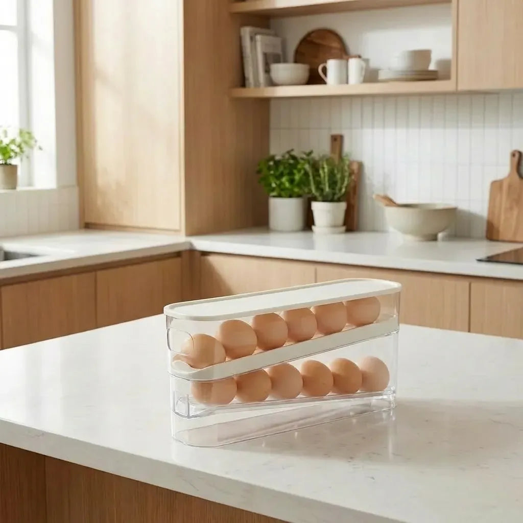 Organizador de huevos automático para nevera de 2 niveles. Dispensador rodante de plástico transparente