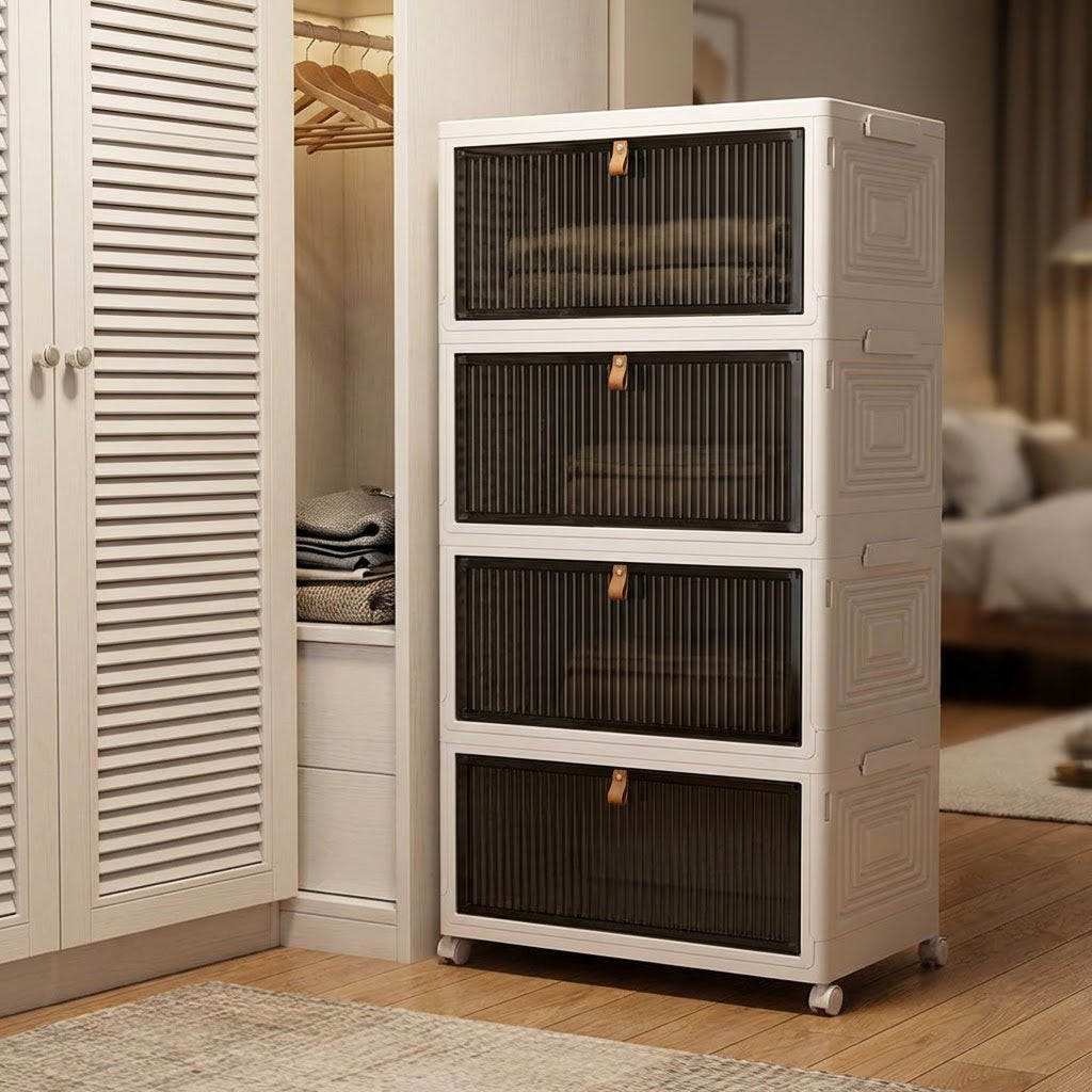 Caja organizadora plegable con ruedas y doble apertura. Contenedor de almacenamiento apilable para zapatos y ropa con puerta frontal