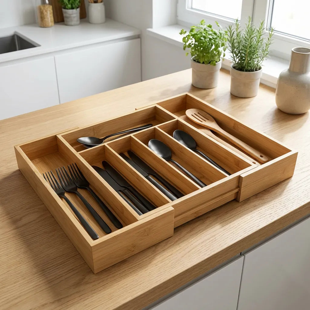 Organizador de cubiertos de bambú extensible. Cubertero ajustable de madera orgánica para cajones de cocina