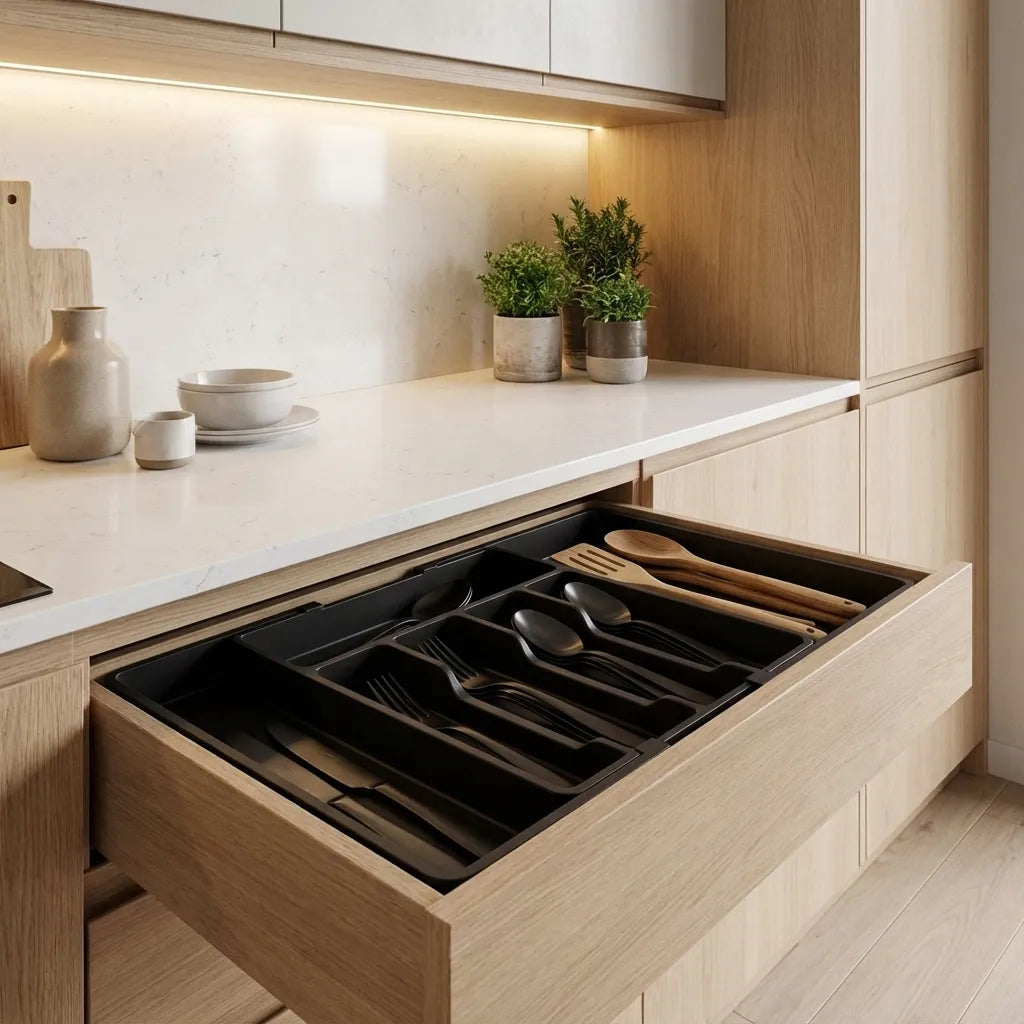 Organizador de cajones expandible color negro para cubiertos. Bandeja porta utensilios ajustable dentro de cajón de madera