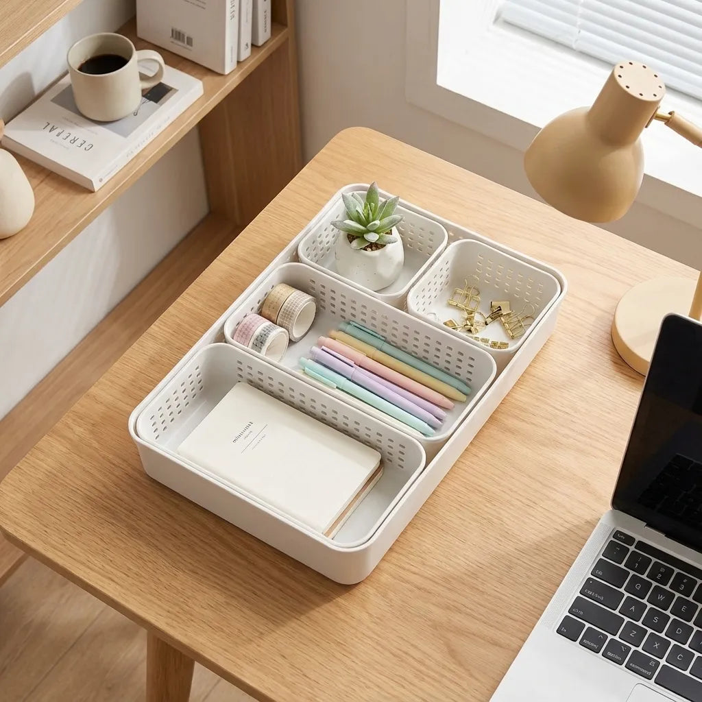 Set de 5 organizadores de cajones de plástico blanco. Bandejas modulares de escritorio para clasificar objetos