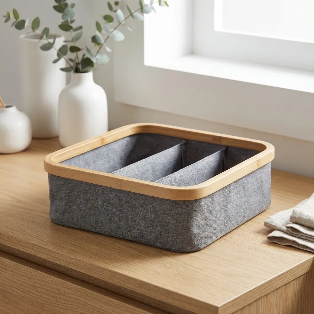 Organizador de cajones de tela gris con borde de bambú. Caja con divisores para ropa interior y accesorios