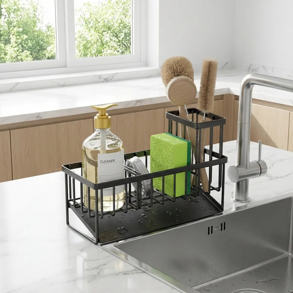 Organizador de fregadero negro metálico con bandeja de goteo. Soporte para esponjas, cepillos y jabón en cocina moderna