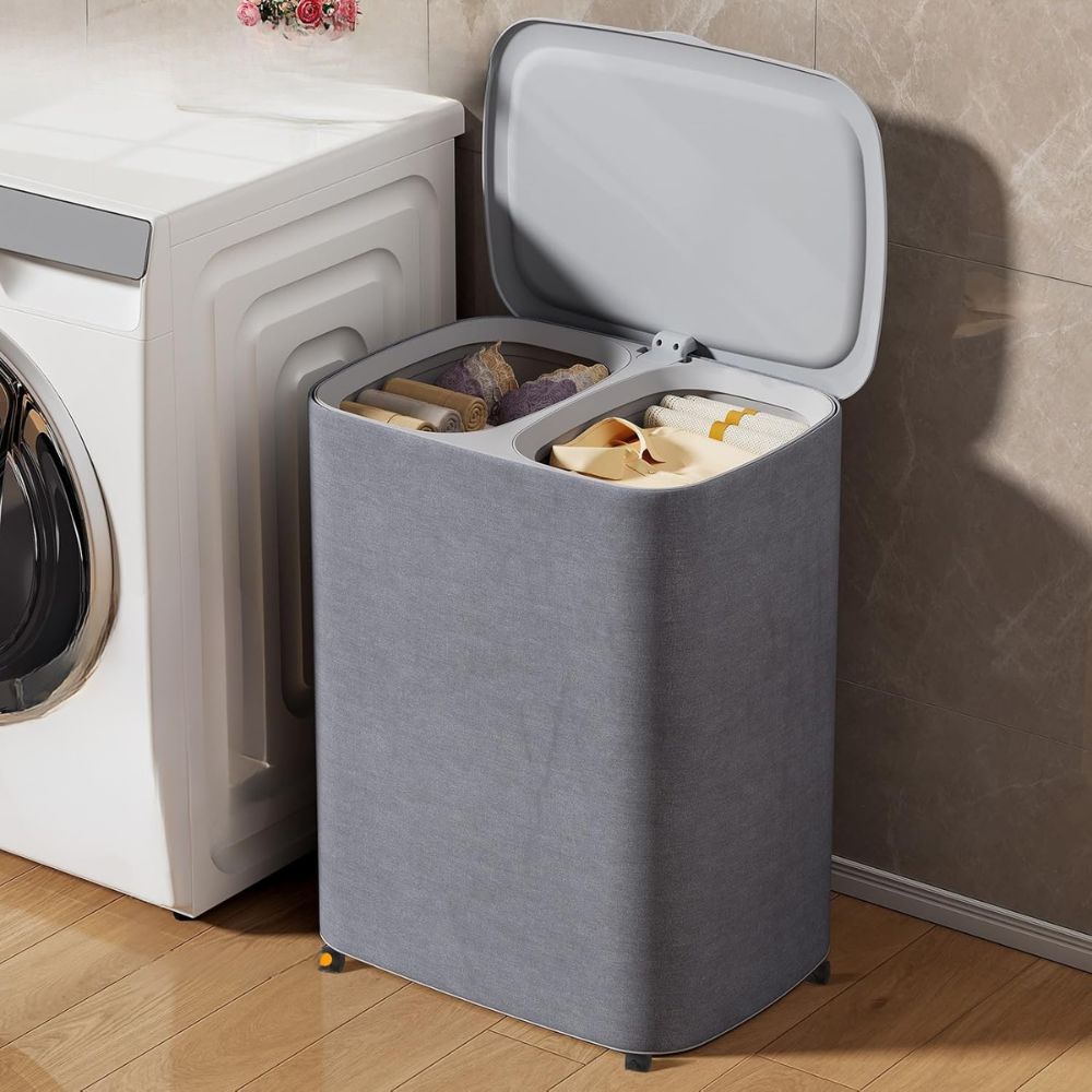 Cesta de Lavanderia de Doble Sección con ruedas
