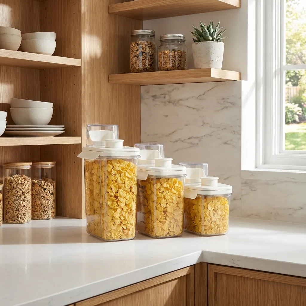 Set de recipientes herméticos para cereales de varios tamaños. Organizadores transparentes para alimentos secos en la cocina