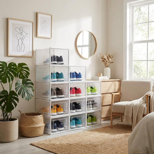 Set de cajas organizadoras de zapatos transparentes y apilables. Contenedores de calzado de plástico con puerta frontal y ventilación