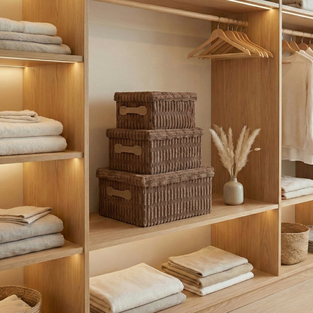 Set de 3 cajas organizadoras de tela marrón con tapa. Cestas de almacenamiento apilables con textura de pana y asas laterales