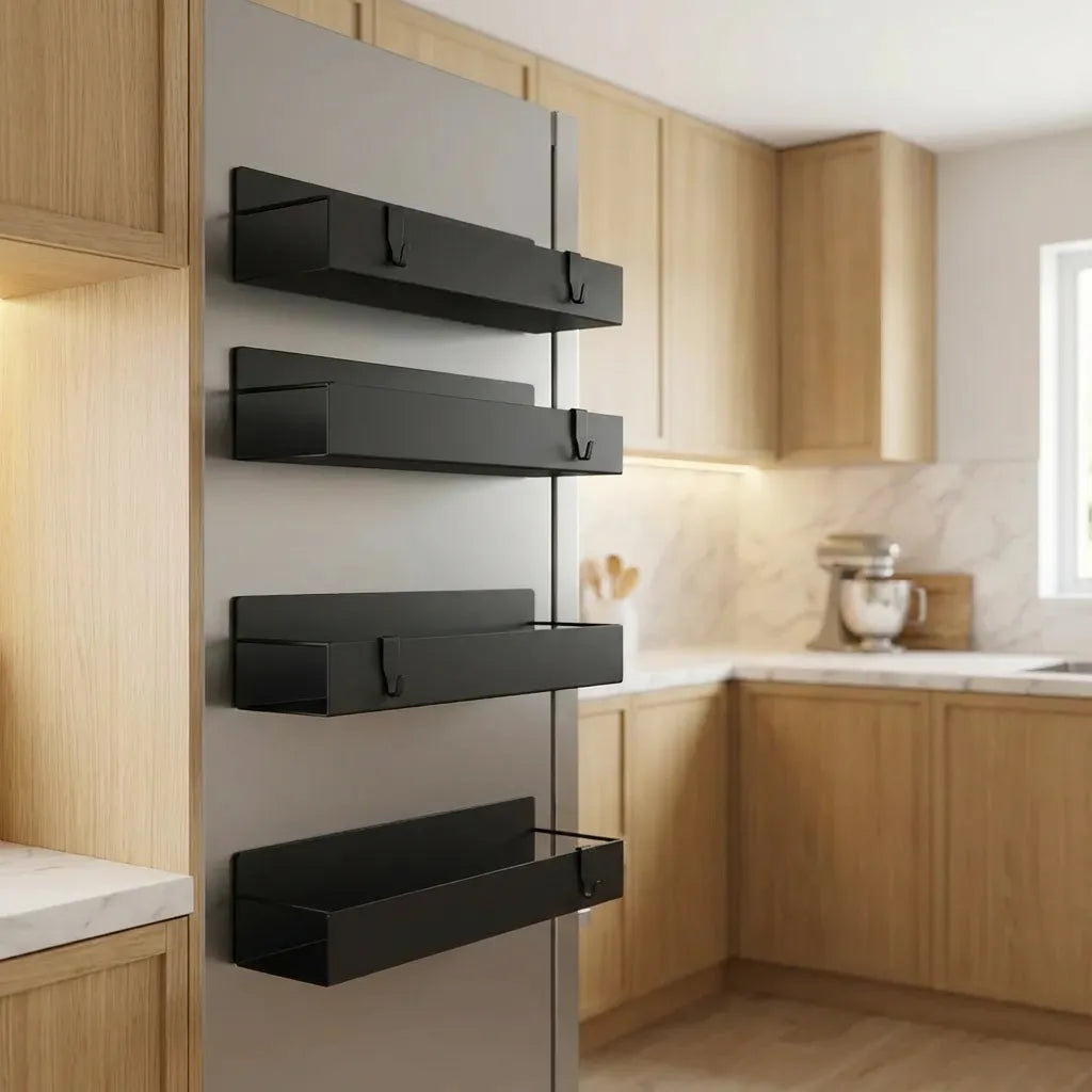 Set de 4 estantes magnéticos negros para nevera. Organizadores de especias laterales metálicos para ahorrar espacio