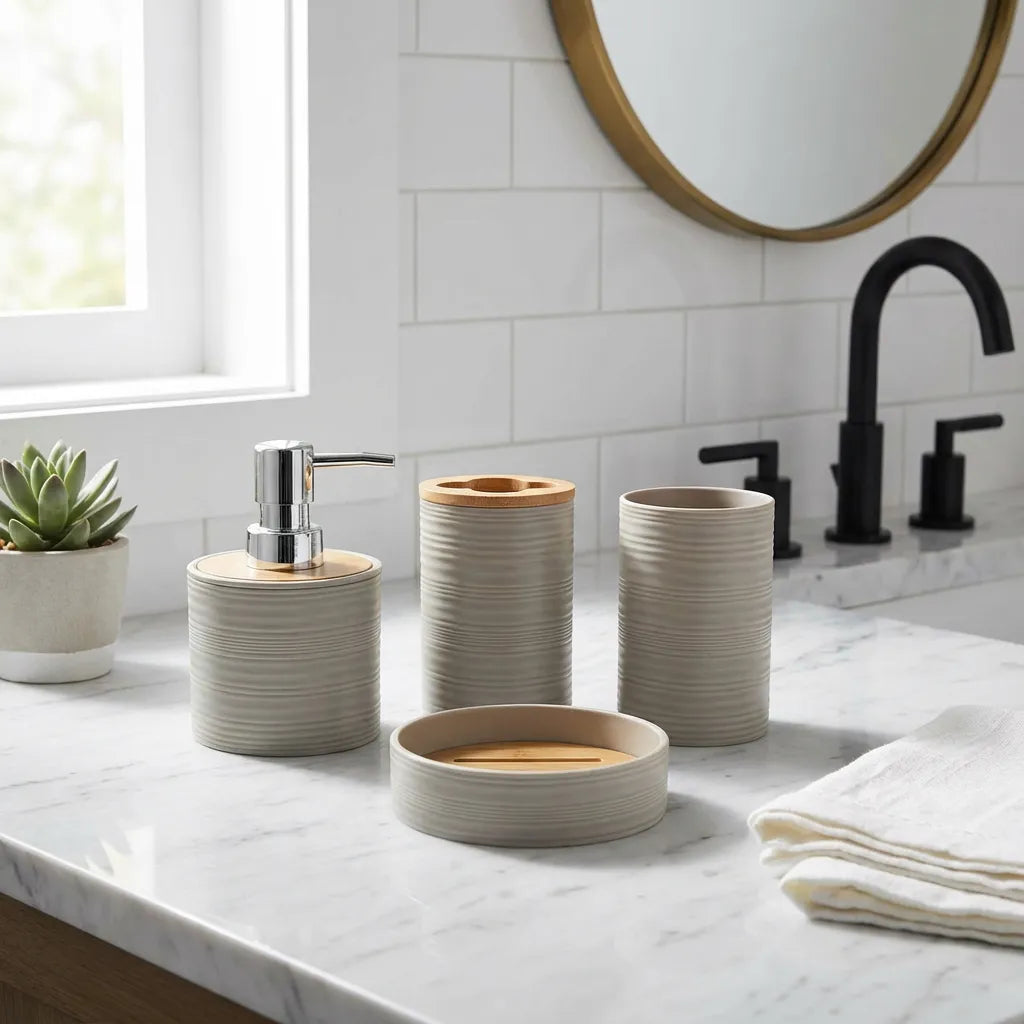 Set de 4 accesorios de baño gris con detalles de bambú. Kit con dispensador de jabón, porta cepillos y jabonera con textura acanalada
