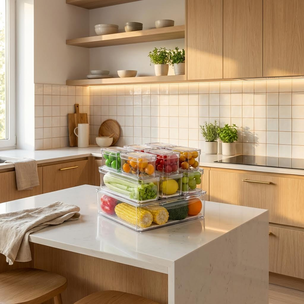 Set de 10 contenedores para refrigerador de material PET transparente. Organizadores de alimentos apilables con tapa para nevera y despensa.