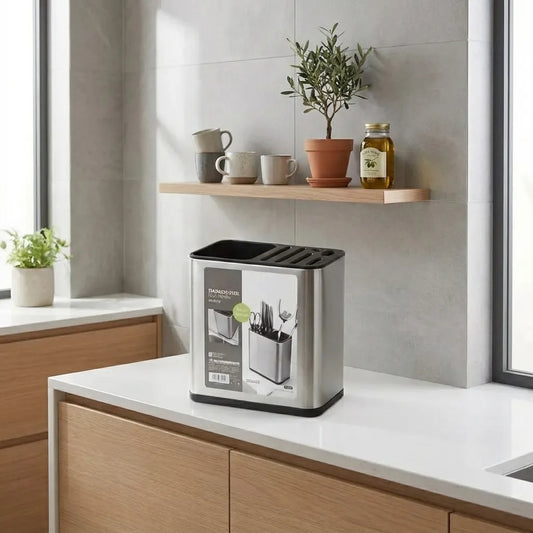 Organizador de utensilios de acero inoxidable con ranuras para cuchillos y base negra en cocina moderna