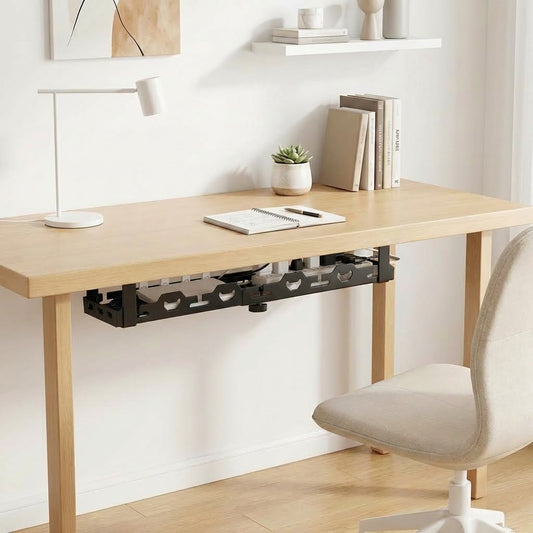 Bandeja organizadora de cables para escritorio sin taladros. Soporte metálico bajo mesa de gran capacidad para regletas y cables.
