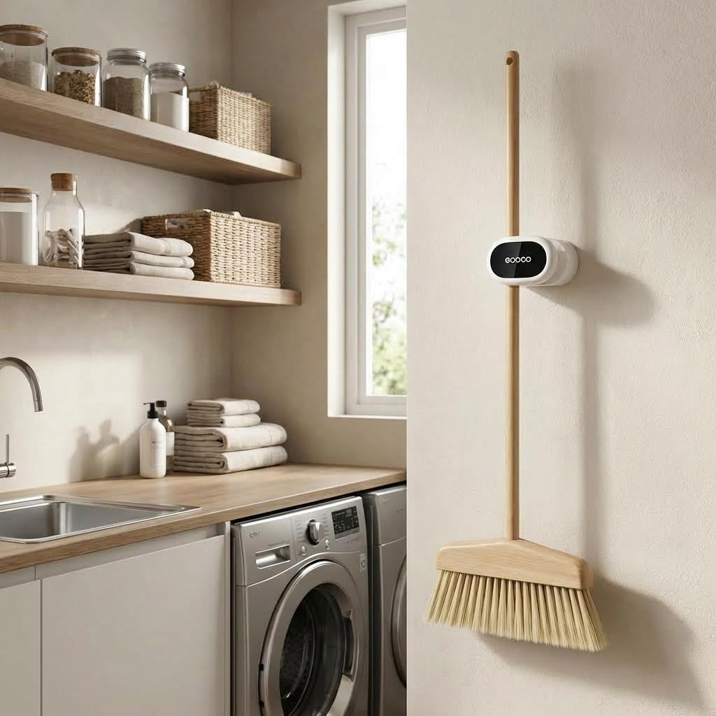 Soporte autoadhesivo para escobas y trapeadores de pared. Colgador de limpieza sin taladros con rodillo antideslizante